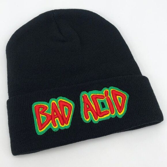 New UNIF x Bad Acid Black Embroidered Beanie Hat - Picture 1 of 5